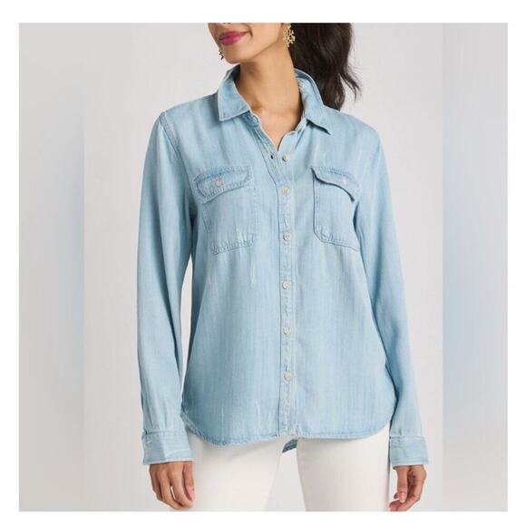 Thread & Supply Distressed Blue Chambray Button Up Top Size Large - Picture 1 of 7
